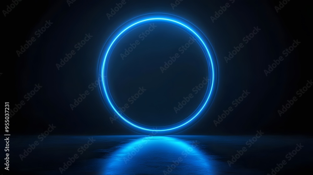Obraz premium Technology blue circle light stage on black background
