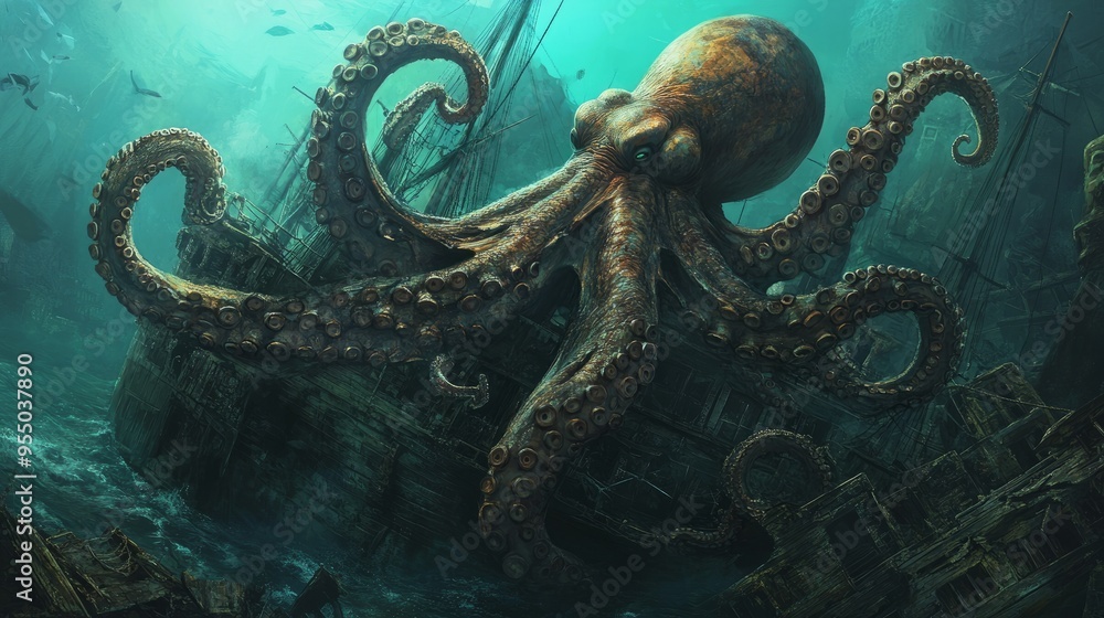 Fototapeta premium A giant octopus looms over a sunken ship in a mysterious underwater scene.