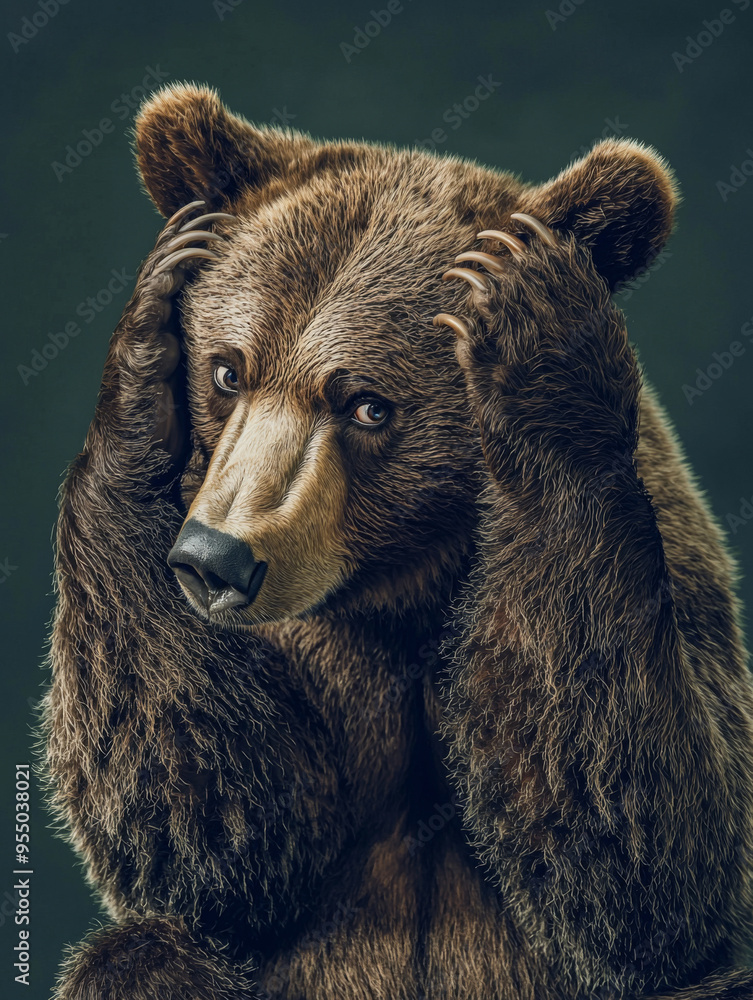 Obraz premium A bear is shown with its head down and ears back, looking away from the camera