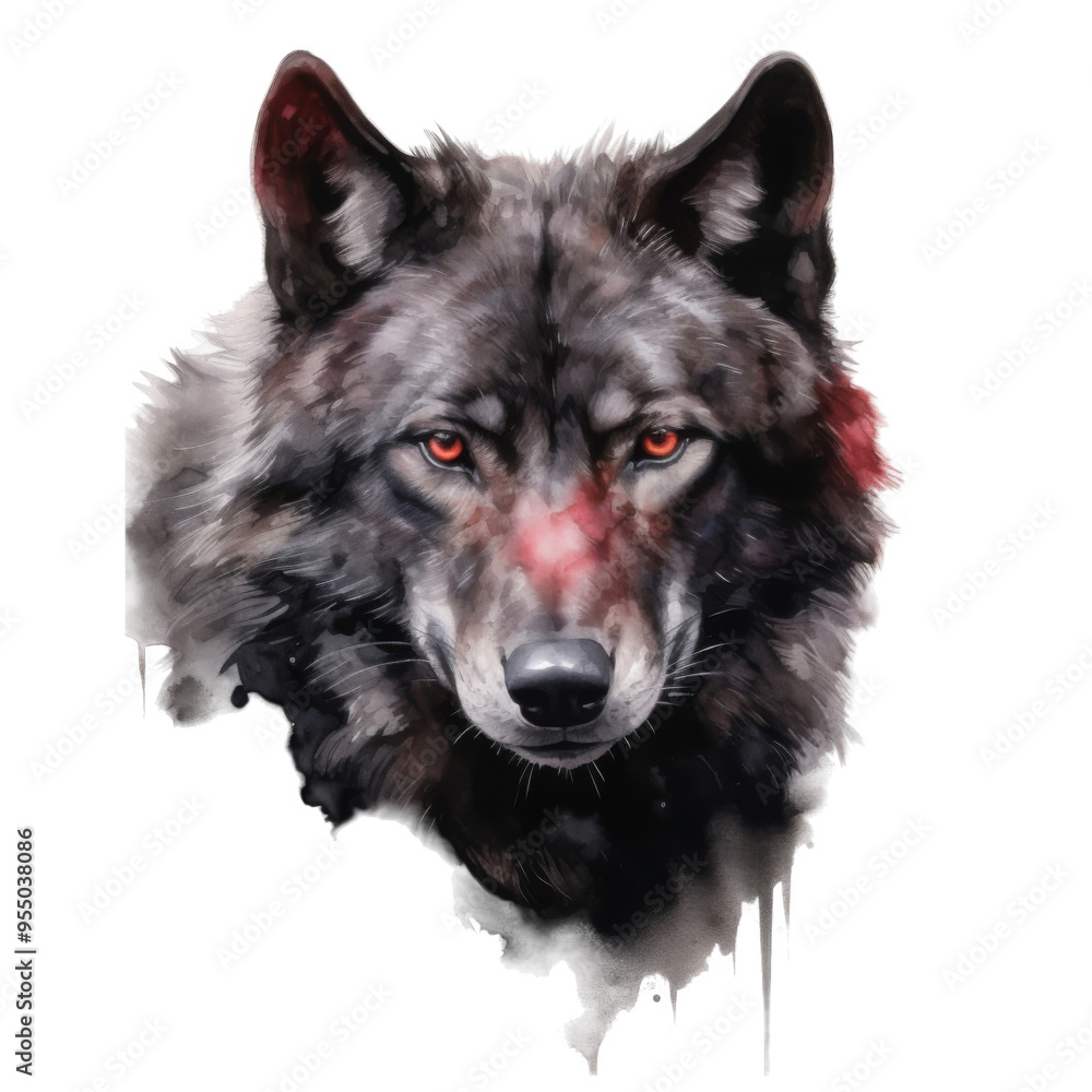 A Close-up Watercolor Painting of a Wolf's Face with Red Eyes A Close-up Watercolor Painting of a Wolf's Face with Red Eyes