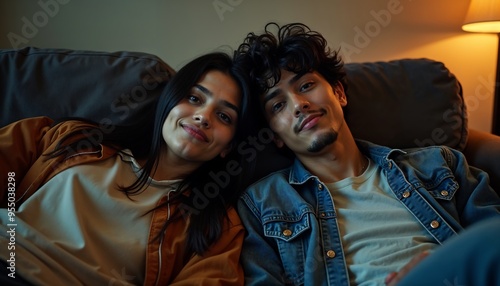 Indian family, brother and sister sitting on the sofa together. Sibling relationship concept