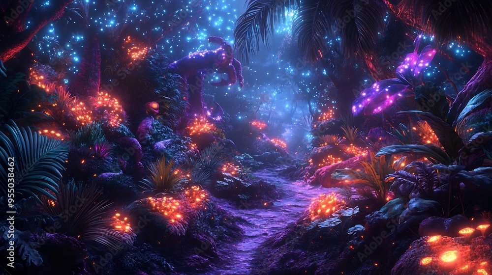 Digital painting of lush alien jungle with bioluminescent plants strange creatures and vibrant colors Digital painting of lush alien jungle with bioluminescent plants strange creatures and vibrant colors