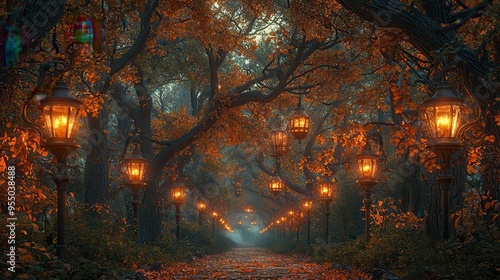 Serene Forest Path: Lantern-lit Trail with Misty Trees and Fallen Leaves