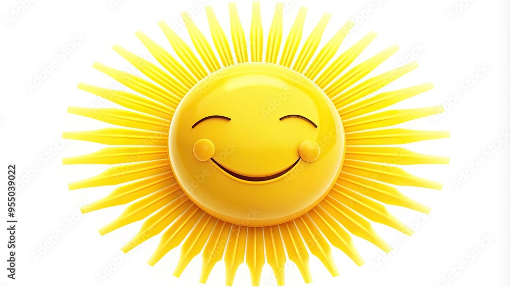 A bright yellow smiling face with a cheerful expression and closed eyes, surrounded by subtle sun rays, conveying happiness and warmth on a white background. A bright yellow smiling face with a cheerful expression and closed eyes, surrounded by subtle sun rays, conveying happiness and warmth on a white background.