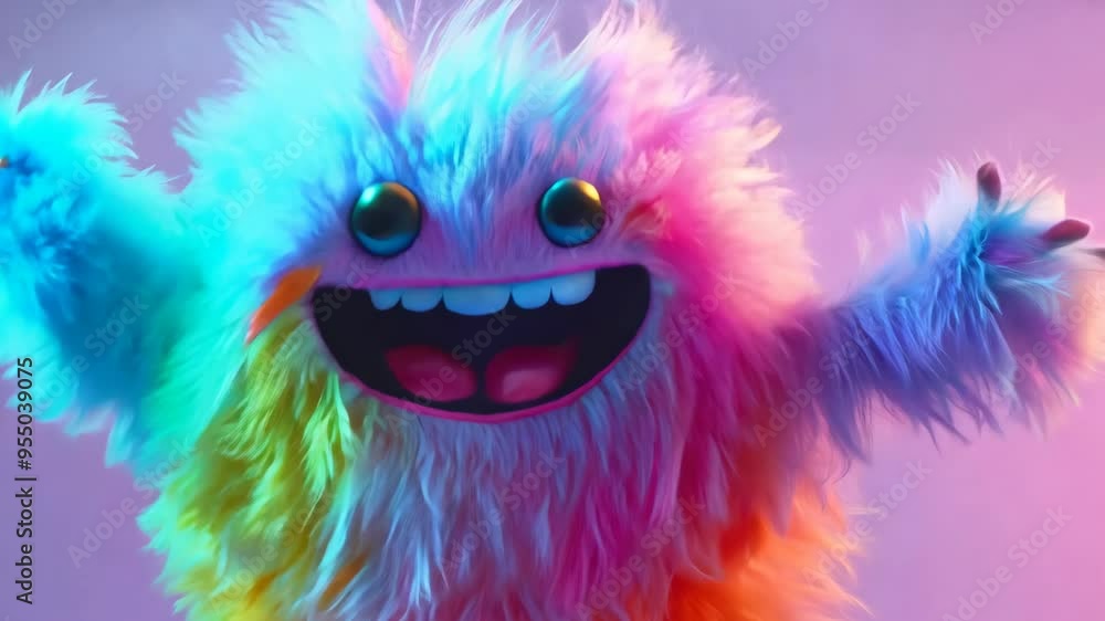 Colorful furry character dances joyfully on a vibrant background in a creative animation showcase Colorful furry character dances joyfully on a vibrant background in a creative animation showcase