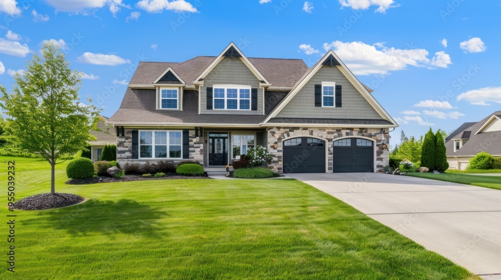 Modern House with Stone Exterior and a Lush Green Lawn Modern House with Stone Exterior and a Lush Green Lawn