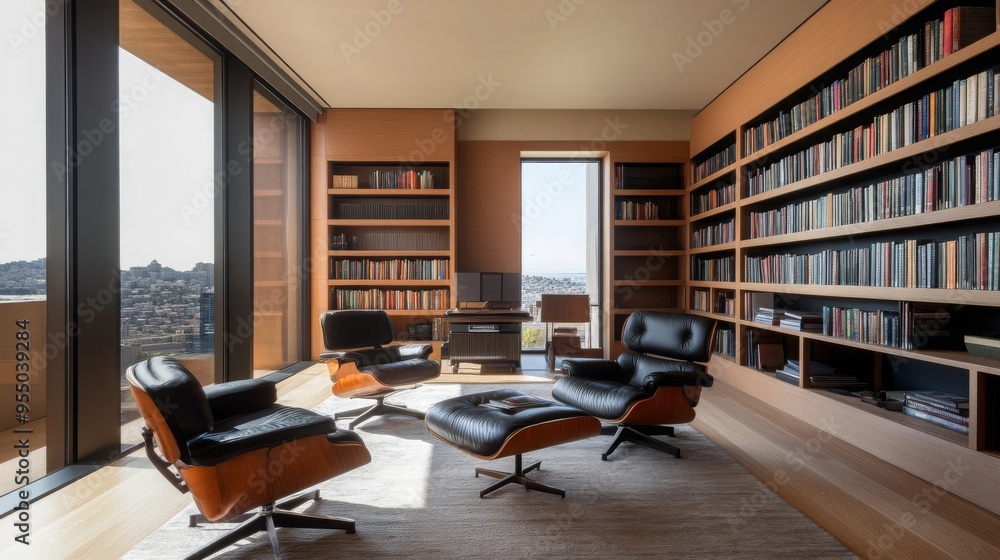 Elegant home library , Recycled materials bookshelves , Energy-efficient lighting Elegant home library , Recycled materials bookshelves , Energy-efficient lighting