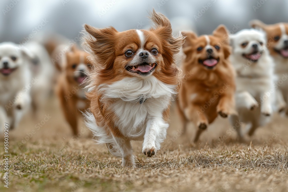 A Brown and White Chihuahua Running with Other Dogs in the Grass A Brown and White Chihuahua Running with Other Dogs in the Grass