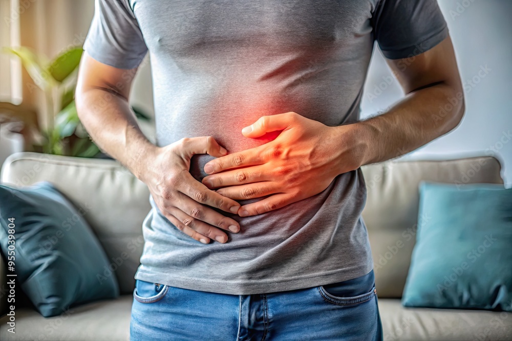 A clenched hand grasps a tender abdomen, as a faintly visible outline of a couch in the blurred background suggests a day ruined by digestive discomfort.
