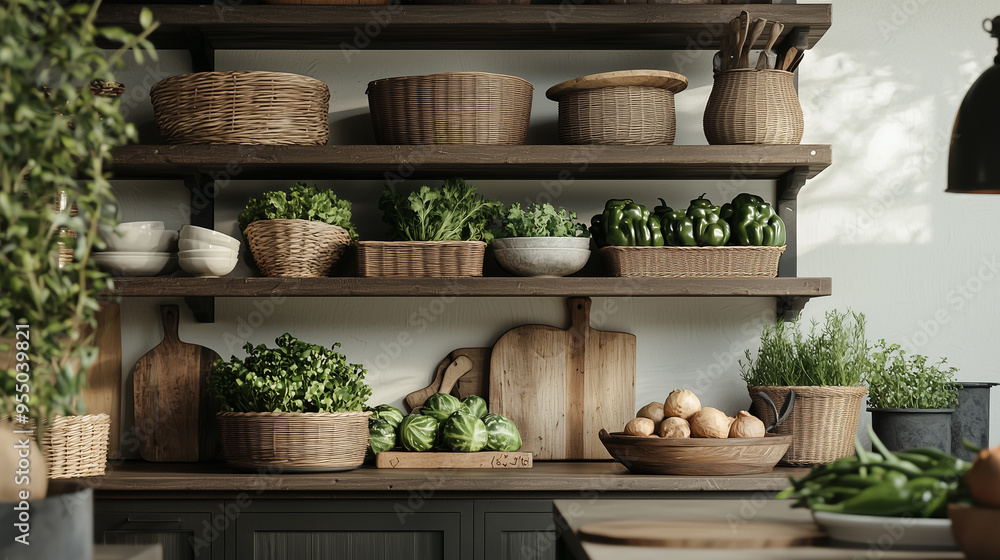 Fototapeta premium Rustic Pantry with Wooden Shelves Filled with Fresh Produce
