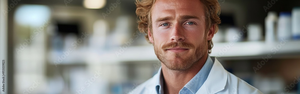 Confident Male Scientist Posed in Vivid Laboratory Setting Confident Male Scientist Posed in Vivid Laboratory Setting