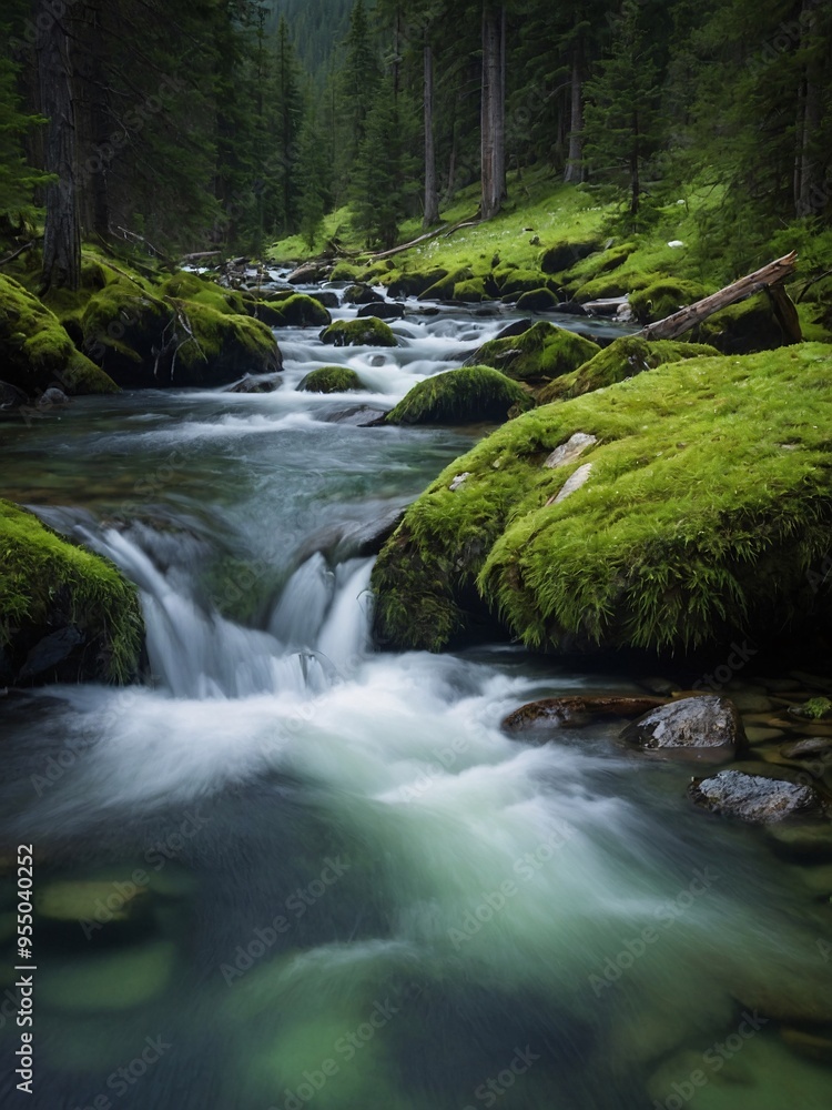 Pristine alpine stream surrounded by mossy rocks and evergreen trees. Pristine alpine stream surrounded by mossy rocks and evergreen trees.