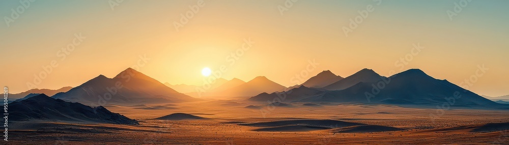 A breathtaking sunrise over a vast desert landscape with distant mountain ranges, casting warm hues across the arid terrain A breathtaking sunrise over a vast desert landscape with distant mountain ranges, casting warm hues across the arid terrain