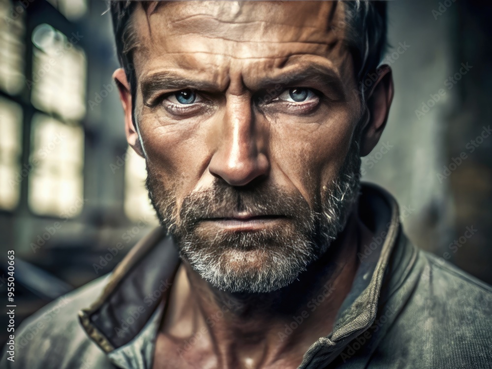 A close-up shot of a man with a rugged, weathered face, strong features, and a hint of intensity, set against a muted, industrial background. A close-up shot of a man with a rugged, weathered face, strong features, and a hint of intensity, set against a muted, industrial background.