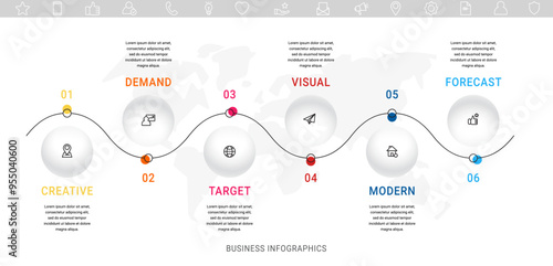 Vector line infographics with 6 circles. Business concept graphic process template with six steps. Graphic timeline for app, website, interface, chart, levels, web, diagram, banner, presentations