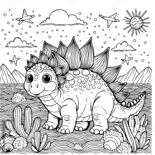 coloring draw dinosaur stegosaurus in the mountain with stars illustration background and happy black and white version good for kids