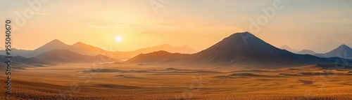 A breathtaking sunrise over a vast desert landscape with distant mountain ranges, casting warm hues across the arid terrain