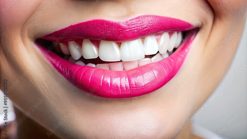 A close-up shot of a smiling mouth with bright white teeth and luscious pink lips, fresh from a morning brush, against a soft blurred background. A close-up shot of a smiling mouth with bright white teeth and luscious pink lips, fresh from a morning brush, against a soft blurred background.
