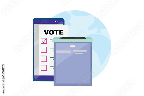 Isolated voting box, cellphone with voting document, a globe behind, symbolizing global democracy