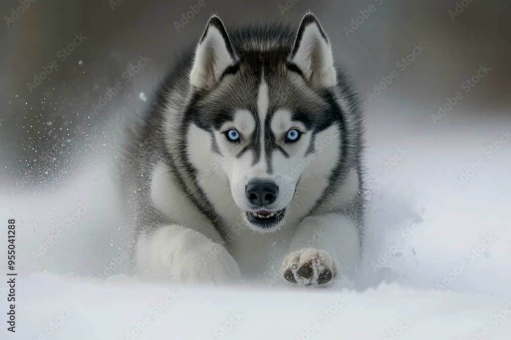 A Siberian Husky Running Through Snow With Blue Eyes A Siberian Husky Running Through Snow With Blue Eyes