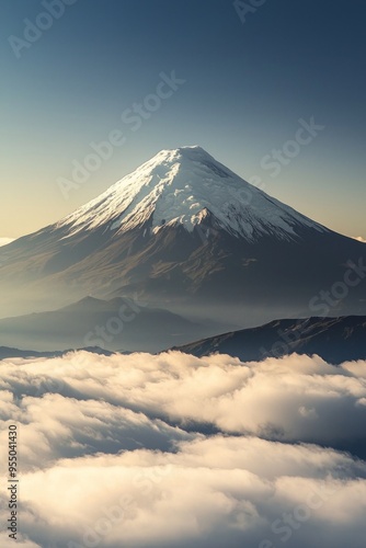 A distant snow-capped volcano rising above the clouds