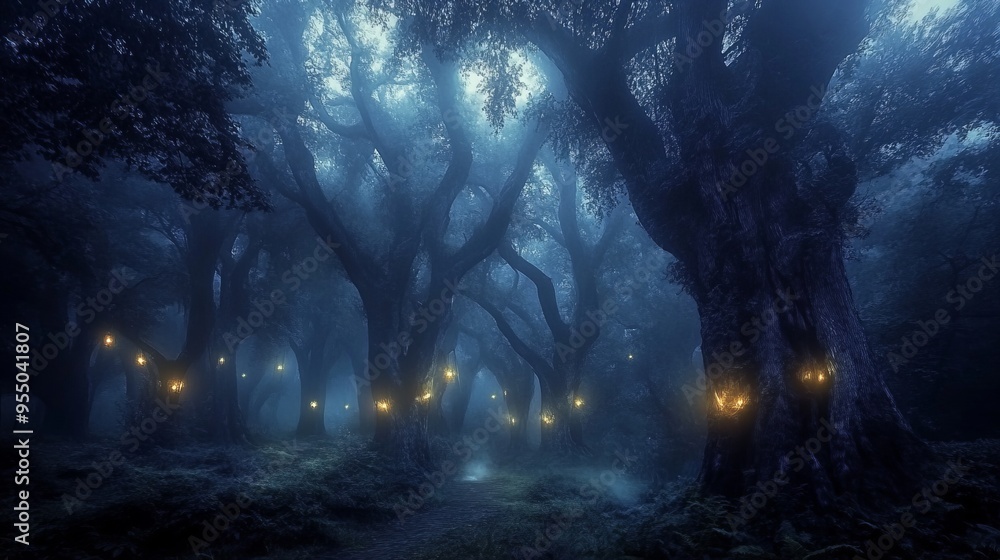 A mysterious path through a foggy forest lit by glowing lights in the trees. A mysterious path through a foggy forest lit by glowing lights in the trees.