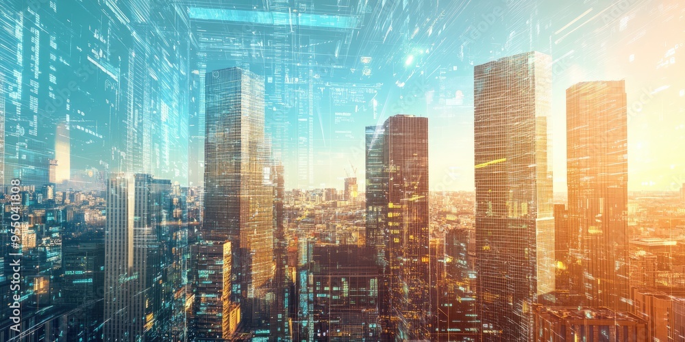 Cityscape with Digital Overlays and Sunset Glow Cityscape with Digital Overlays and Sunset Glow