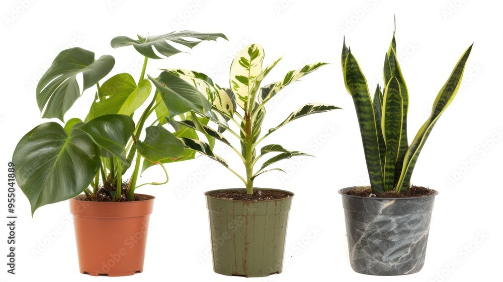 Three Potted Plants with Different Leaf Textures Three Potted Plants with Different Leaf Textures