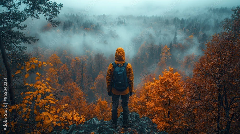 Obraz premium Contemplating Autumn's Beauty: Tranquil Figure at Forest Edge Surrounded by Misty, Vibrant Fall Colors