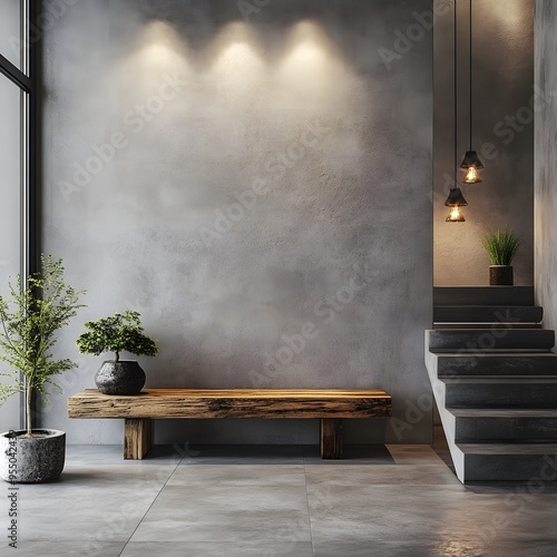 Modern Interior Design with Concrete Wall Wooden Bench and Plants