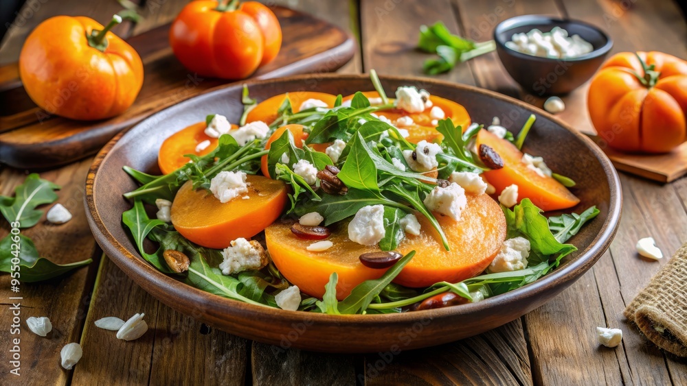 Fresh persimmon slices and crumbled goat cheese are mixed with crisp arugula and toasted almonds, topped with a light citrus vinaigrette in a rustic bowl. Fresh persimmon slices and crumbled goat cheese are mixed with crisp arugula and toasted almonds, topped with a light citrus vinaigrette in a rustic bowl.