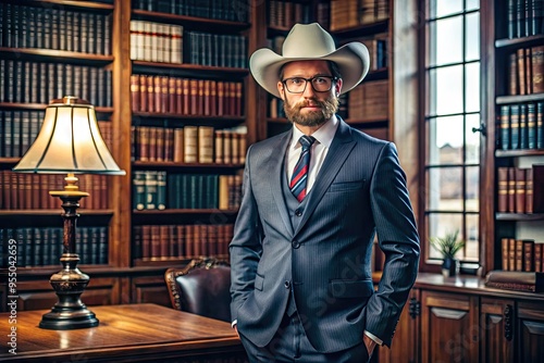 A confident, bespectacled lawyer in a tailored suit stands in a modern Texas law office, surrounded by books and cowboy-inspired decor, conveying expertise and southern charm. photo