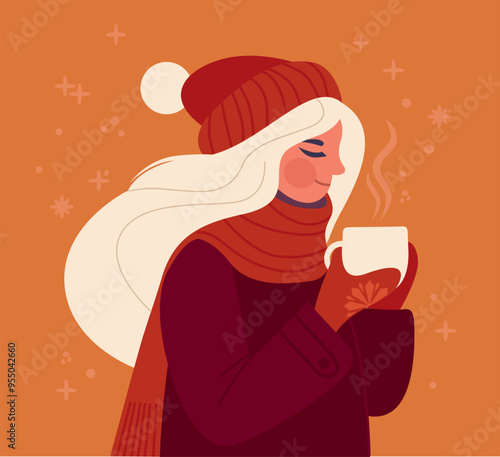 Girl wearing big cozy scarf holding cup with hot drink. Cocoa, mulled wine, tea or coffee.