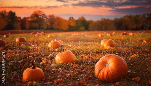 Pumpkin Harvest in Autumn Field With Vibrant Foliage at Dusk