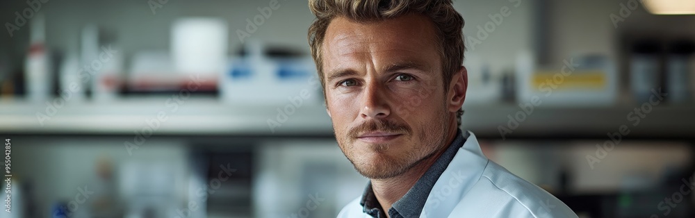 Confident Male Scientist Posed in Vivid Laboratory Setting Confident Male Scientist Posed in Vivid Laboratory Setting