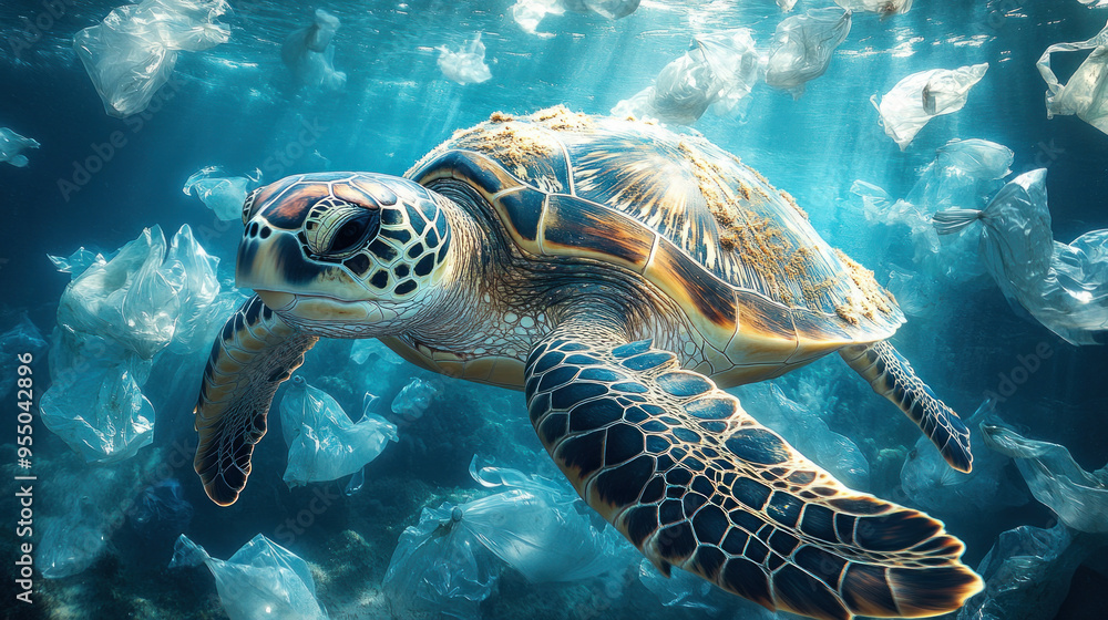 Fototapeta premium A sea turtle struggling to swim through floating plastic bags in a heavily polluted ocean