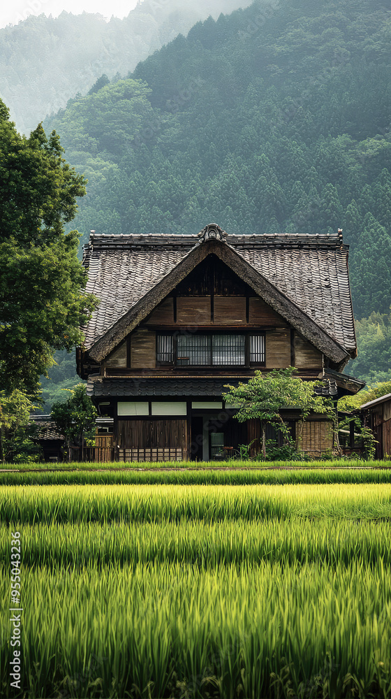 Fototapeta premium Tranquility in the Paddy Fields: A Traditional Japanese Farmhouse Nestled Amidst Lush Greenery and Rolling Hills.