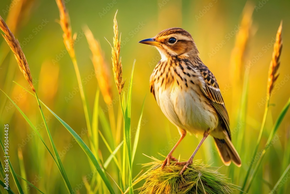 A delicate lark perches on a sun-kissed field of tall grass, its brown plumage and tiny beak a picturesque contrast to the vibrant green surroundings. A delicate lark perches on a sun-kissed field of tall grass, its brown plumage and tiny beak a picturesque contrast to the vibrant green surroundings.