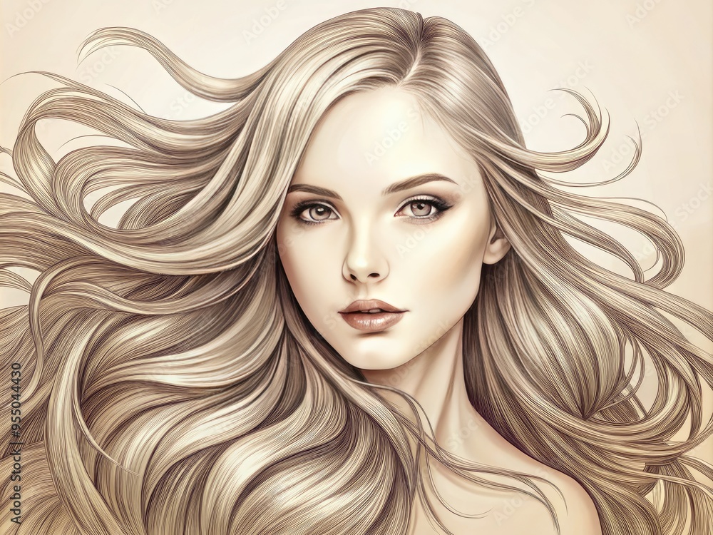 A delicate, hand-drawn illustration of a woman's face surrounded by flowing, intricate locks of long hair, with subtle wisps and strands framing her serene features. A delicate, hand-drawn illustration of a woman's face surrounded by flowing, intricate locks of long hair, with subtle wisps and strands framing her serene features.