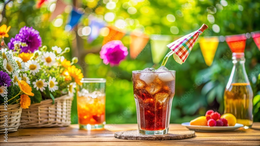 Freshly opened liter bottle of fizzy soda pours into a glass filled with ice, surrounded by summer-themed party decorations and vibrant colors outside. Freshly opened liter bottle of fizzy soda pours into a glass filled with ice, surrounded by summer-themed party decorations and vibrant colors outside.