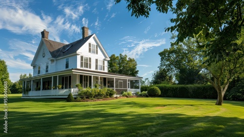 White House with a Porch on a Green Lawn