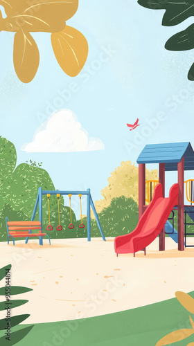 Wallpaper Mural A sun-drenched playground awaits, with a red slide, swings, and a bench beckoning playful moments. Torontodigital.ca