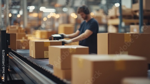 Worker Operating a Conveyor Belt in a Warehouse