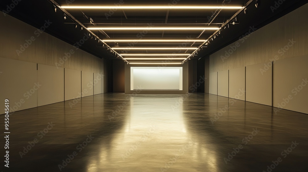 A contemporary art installation in an empty exhibition space, with dramatic lighting and no visitors present. A contemporary art installation in an empty exhibition space, with dramatic lighting and no visitors present.