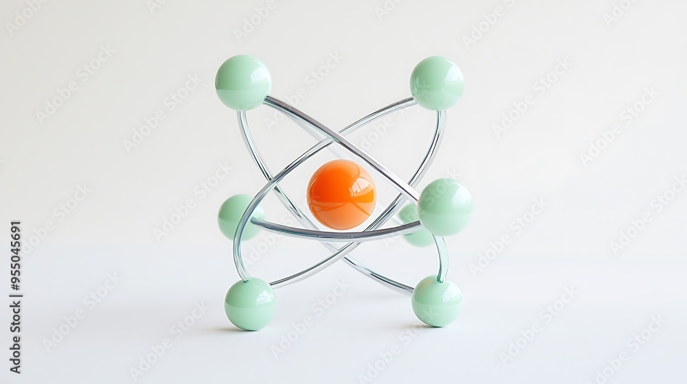 Obraz premium Abstract Split Atom Structure with Mint Green, Lavender, and Soft Orange Elements on White Background