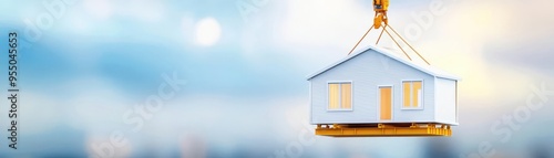 A new modular home is lifted into place by a crane