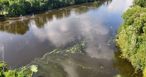 Aerial view of Blue green algae at the Canoe trail at Movanagher Lock Kilrea on The River Bann from Lough Neagh Northern Ireland photo