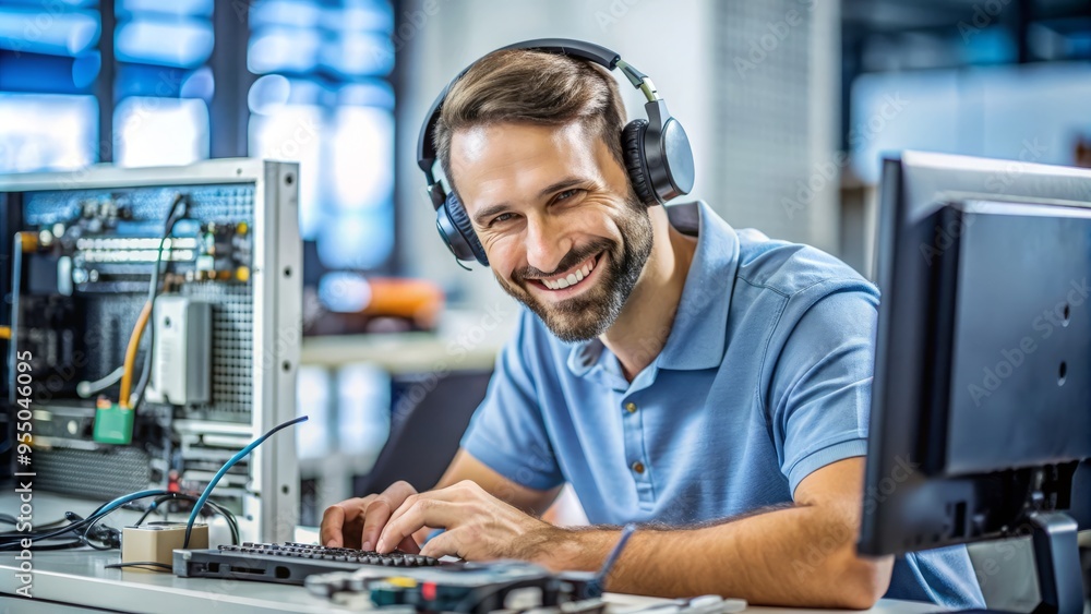 Friendly male technician wearing headset and smiling while working on computer hardware, providing technical assistance in a bright and organized repair workshop environment. Friendly male technician wearing headset and smiling while working on computer hardware, providing technical assistance in a bright and organized repair workshop environment.