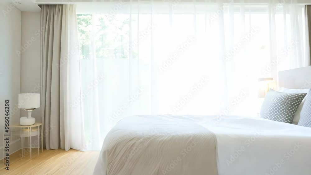 The camera zooms in on the large window, then shifts focus to the entire bedroom. The camera zooms in on the large window, then shifts focus to the entire bedroom.