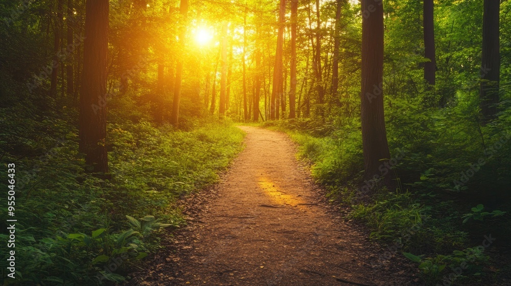Obraz premium A deserted hiking trail through a dense, green forest, bathed in the warm light of the setting sun, symbolizing exploration